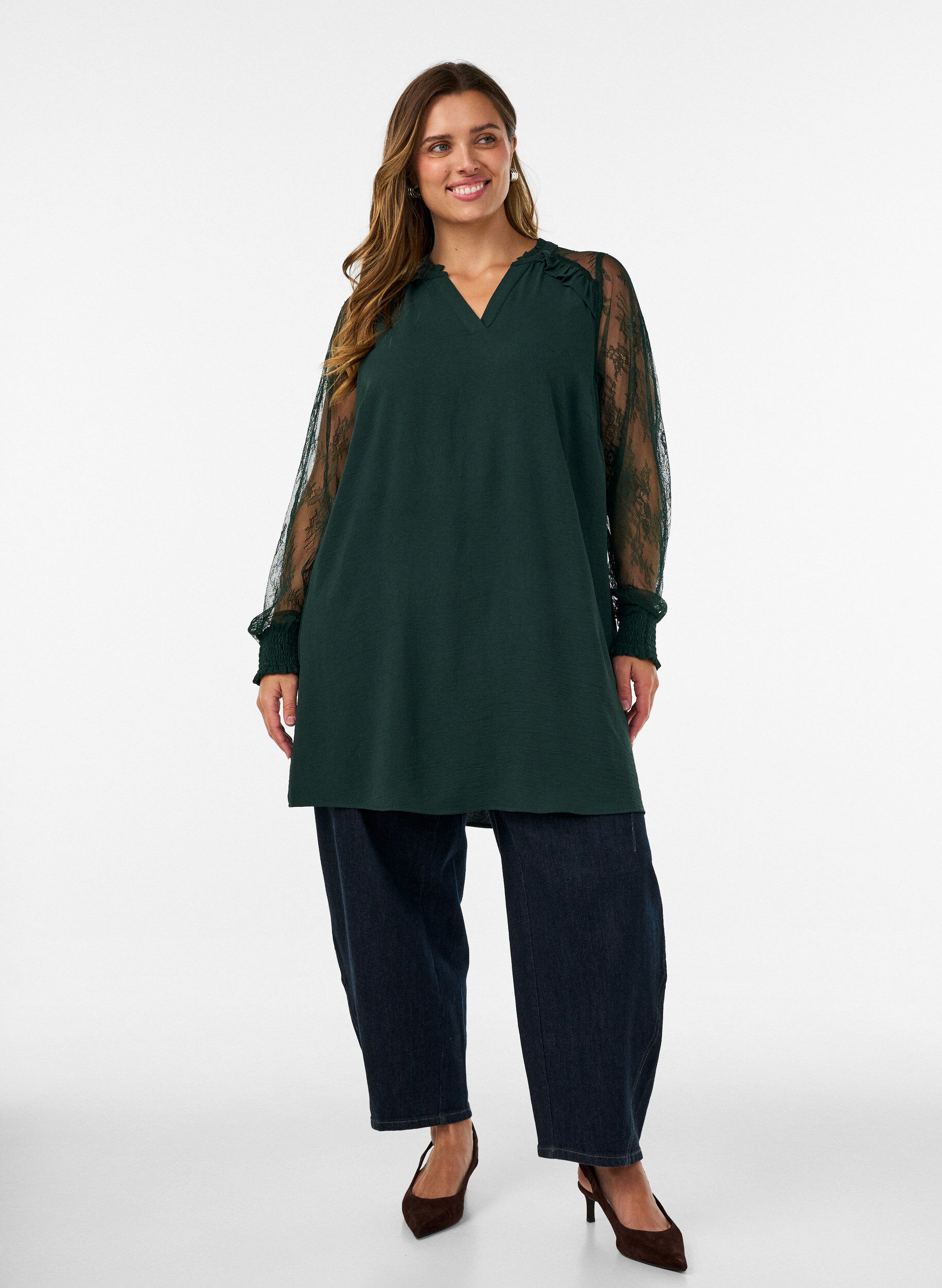 ZizziTunique avec manches en dentelle transparente, Vert fonc&eacute;, Model image number 1