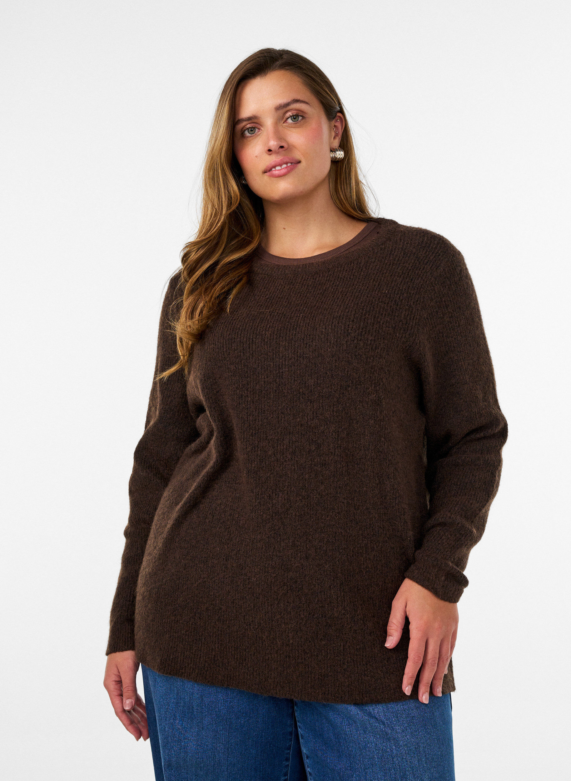 ZizziGem&ecirc;leerde gebreide blouse met ronde hals, Bruin, Model image number 0