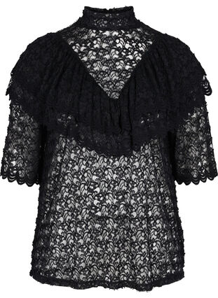 Kanten blouse met ruches en 2/4 mouwen, Black, Packshot image number 0