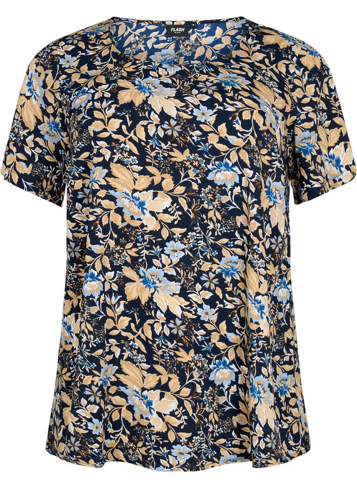 	 FLASH - Blouse met korte mouwen en print, Brown Blue Flower, Packshot image number 0