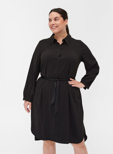 Robe chemise avec lien à nouer et boutons, Black, Model image number 0