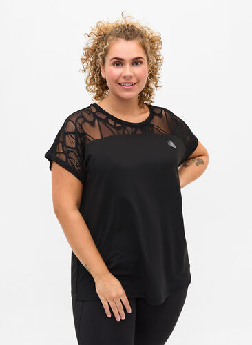 T-shirt de sport à manches courtes avec détail en tissu résille, Black, Model image number 0