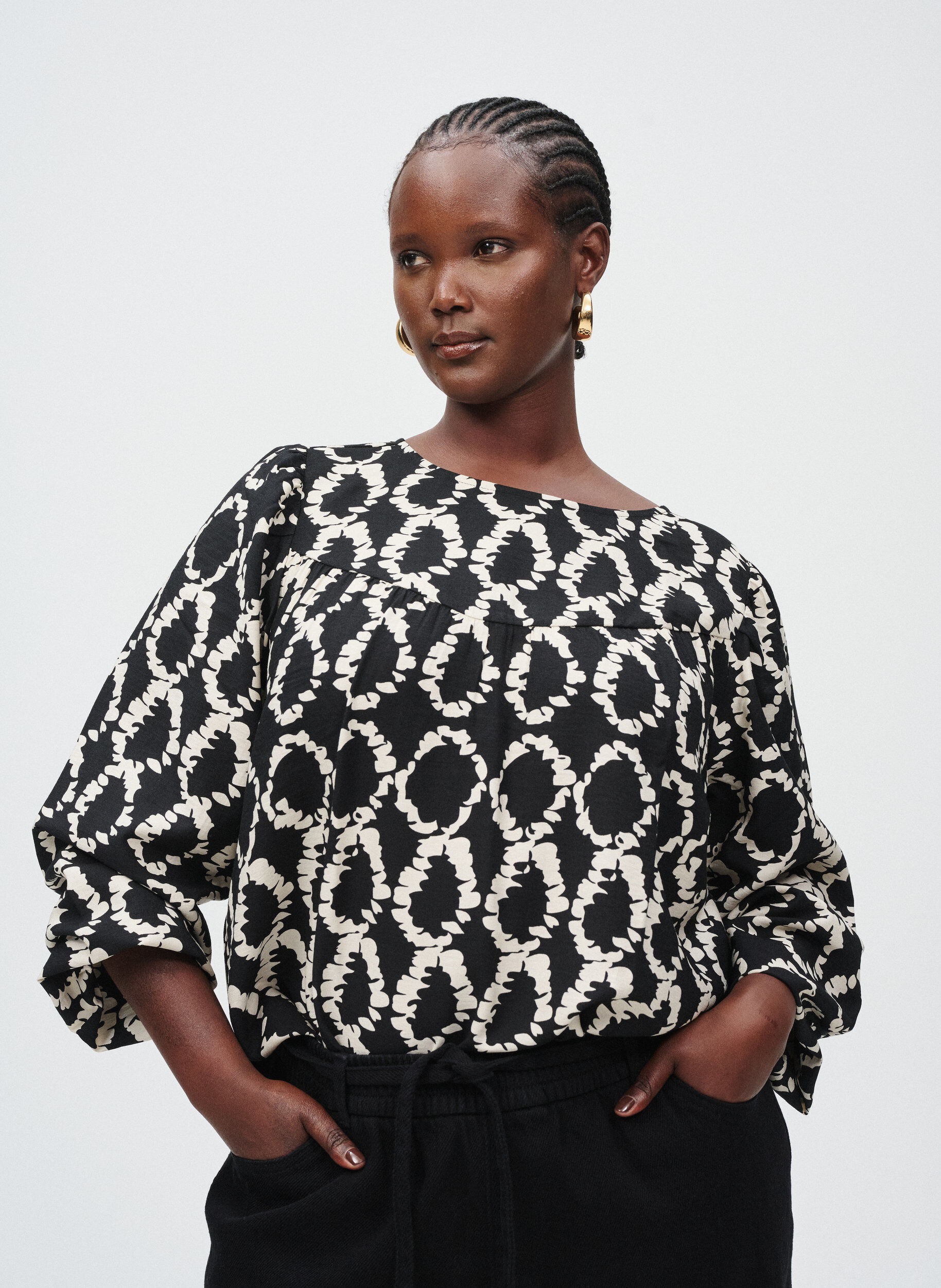 ZizziBlouse met lange mouwen, print en strikjes, Zwart, Image image number 0