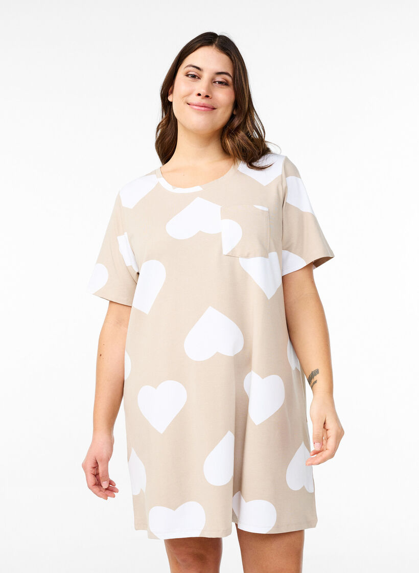 Lange nacht T-shirt in een modalmix met hartjes, Beige, Model image number 0