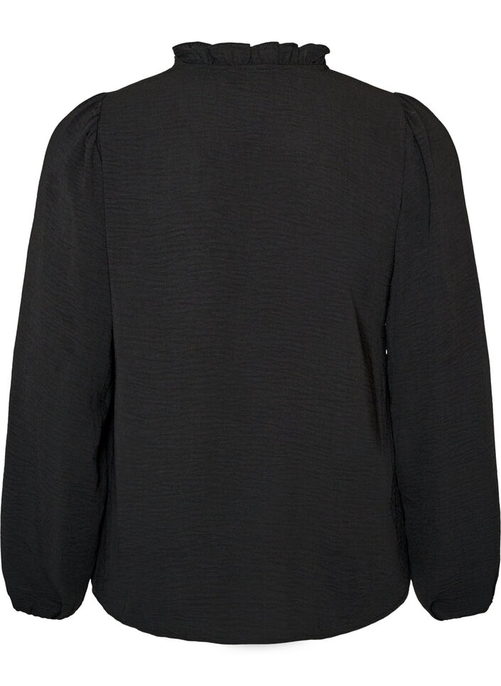 Blouse met V-hals en gehaakte sierband, Zwart, Packshot image number 1