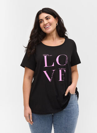 T-shirt en coton avec imprimé, Black Cyclamen LOVE, Model image number 0