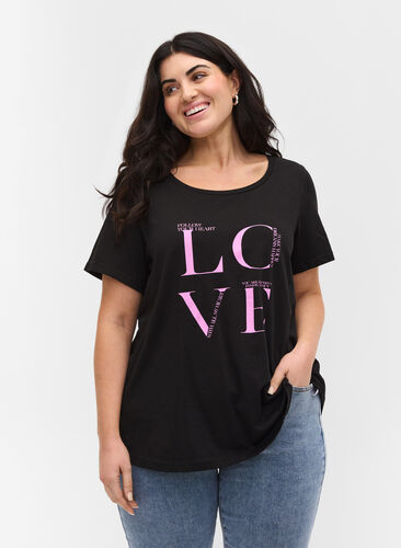 T-shirt en coton avec imprimé, Black Cyclamen LOVE, Model image number 0