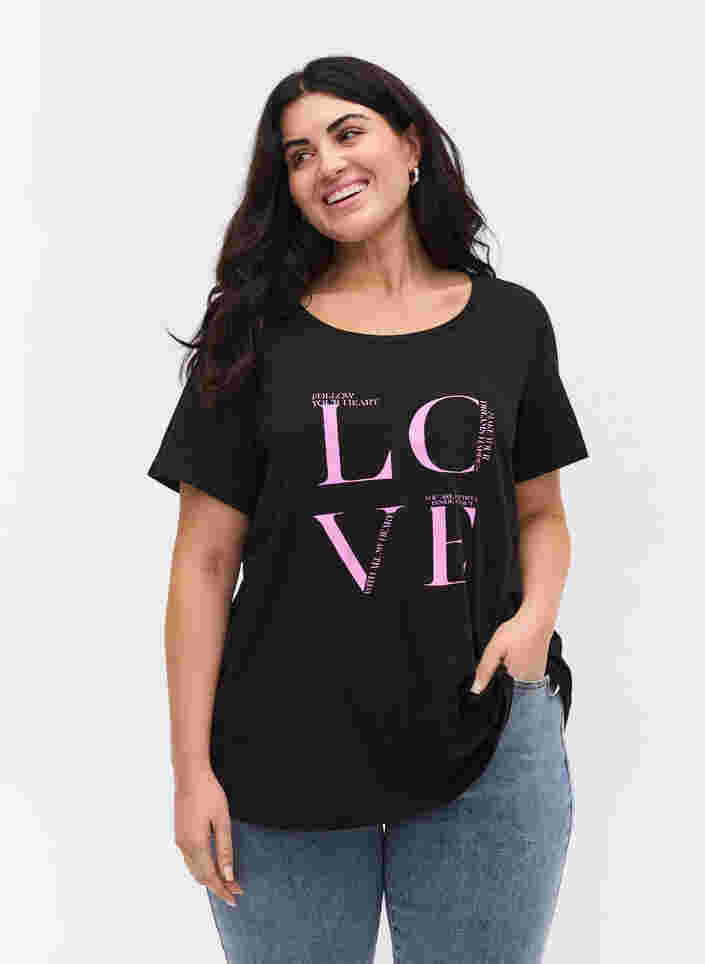 Katoenen t-shirt met print, Black Cyclamen LOVE, Model