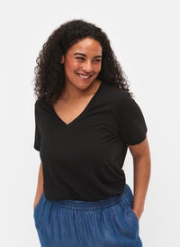 T-shirt à manches courtes avec col en V, Black, Model