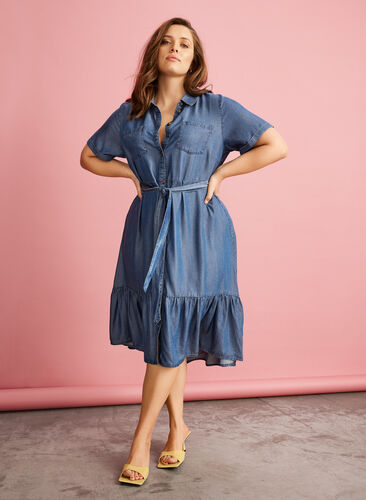 Midi-jurk met korte mouwen in lyocell, Medium Blue denim, Image image number 1