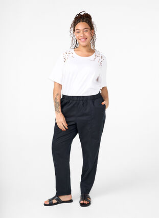 Pantalon en coton et lin avec poches, Black, Model image number 0
