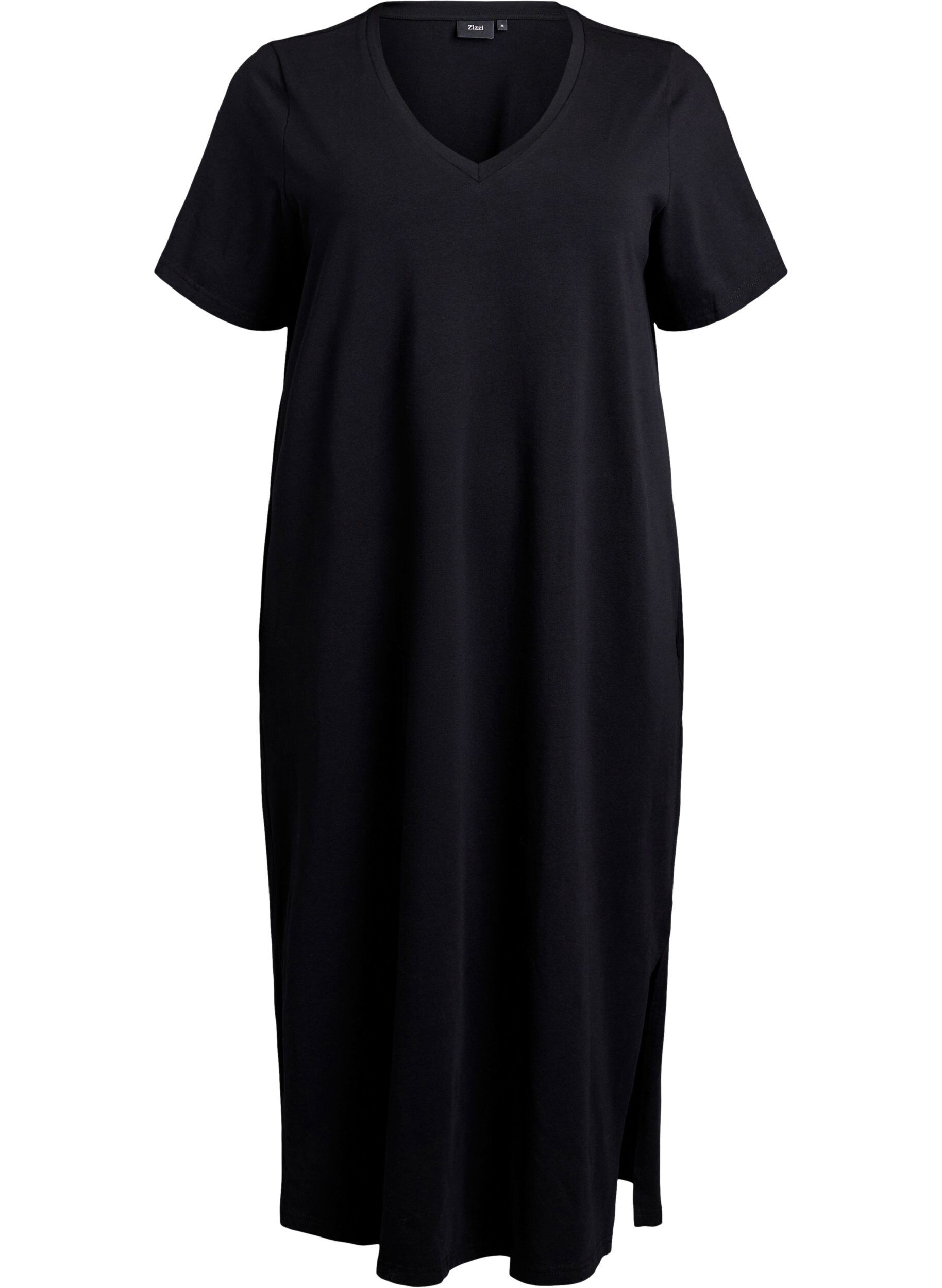Zizzi Robe T-shirt midi avec col en V, Noir, Packshot image number 0