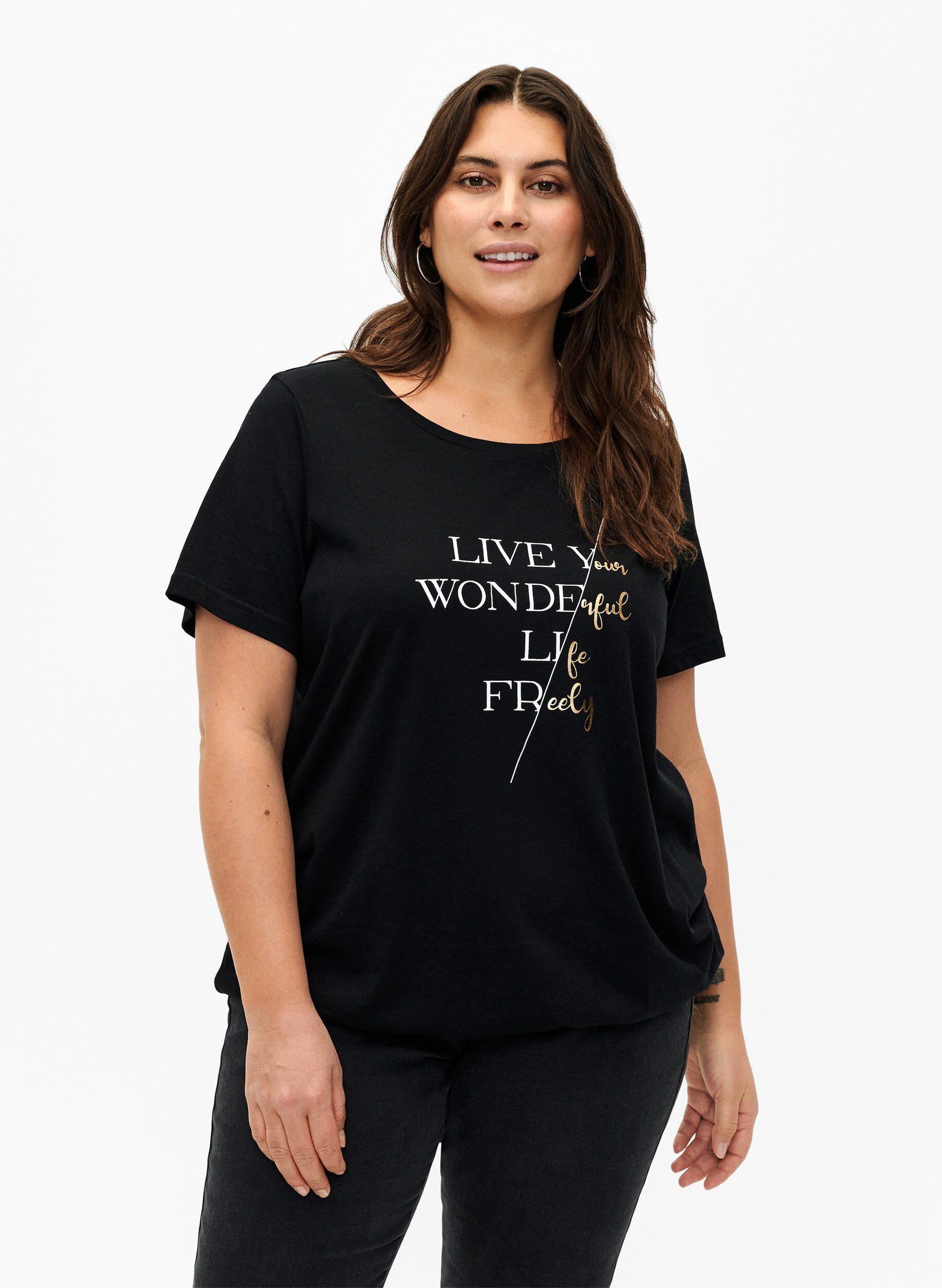 ZizziKatoenen t-shirt met korte mouwen en elastische rand, Black w. Live, Model image number 0