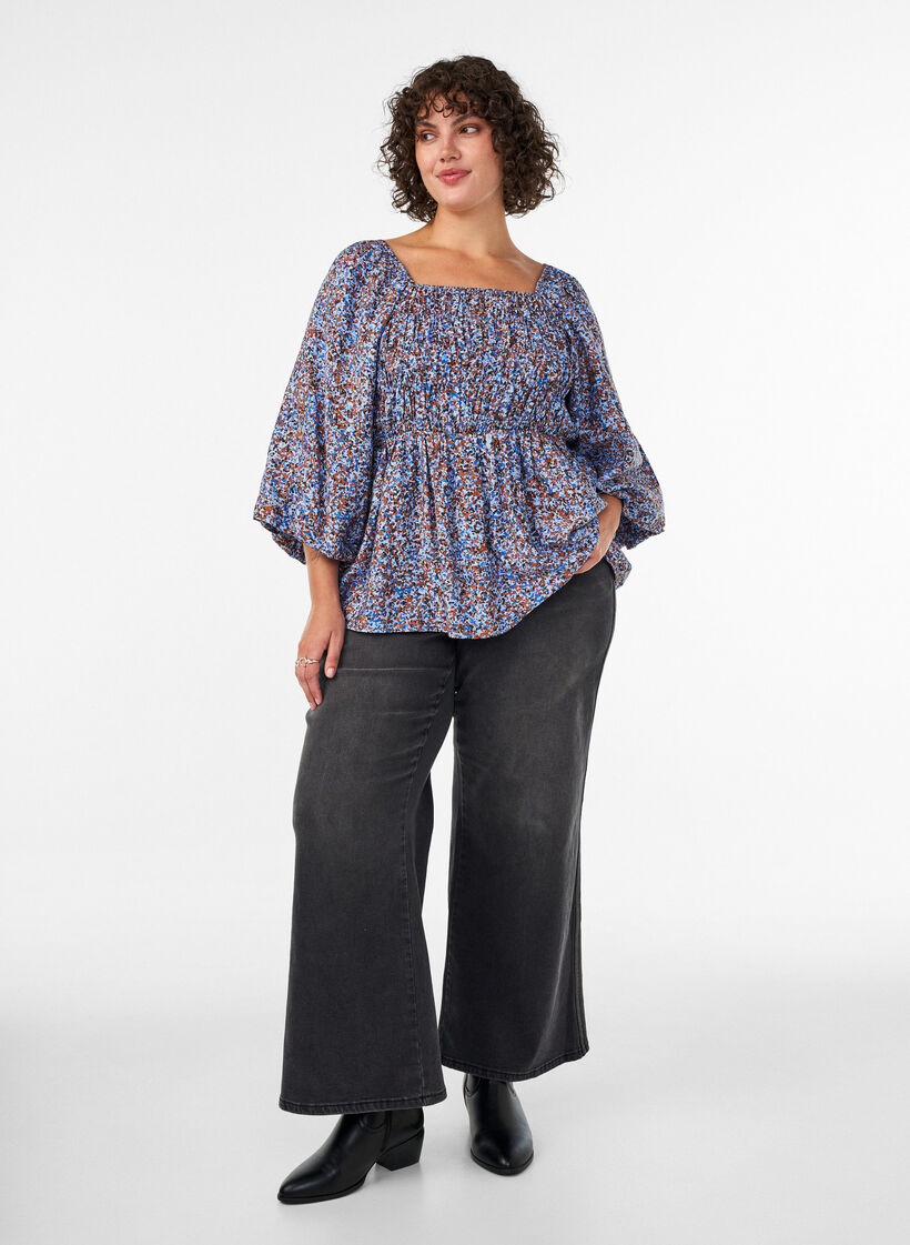 Blouse met smock en vierkante halslijn, Blauw, Model image number 1