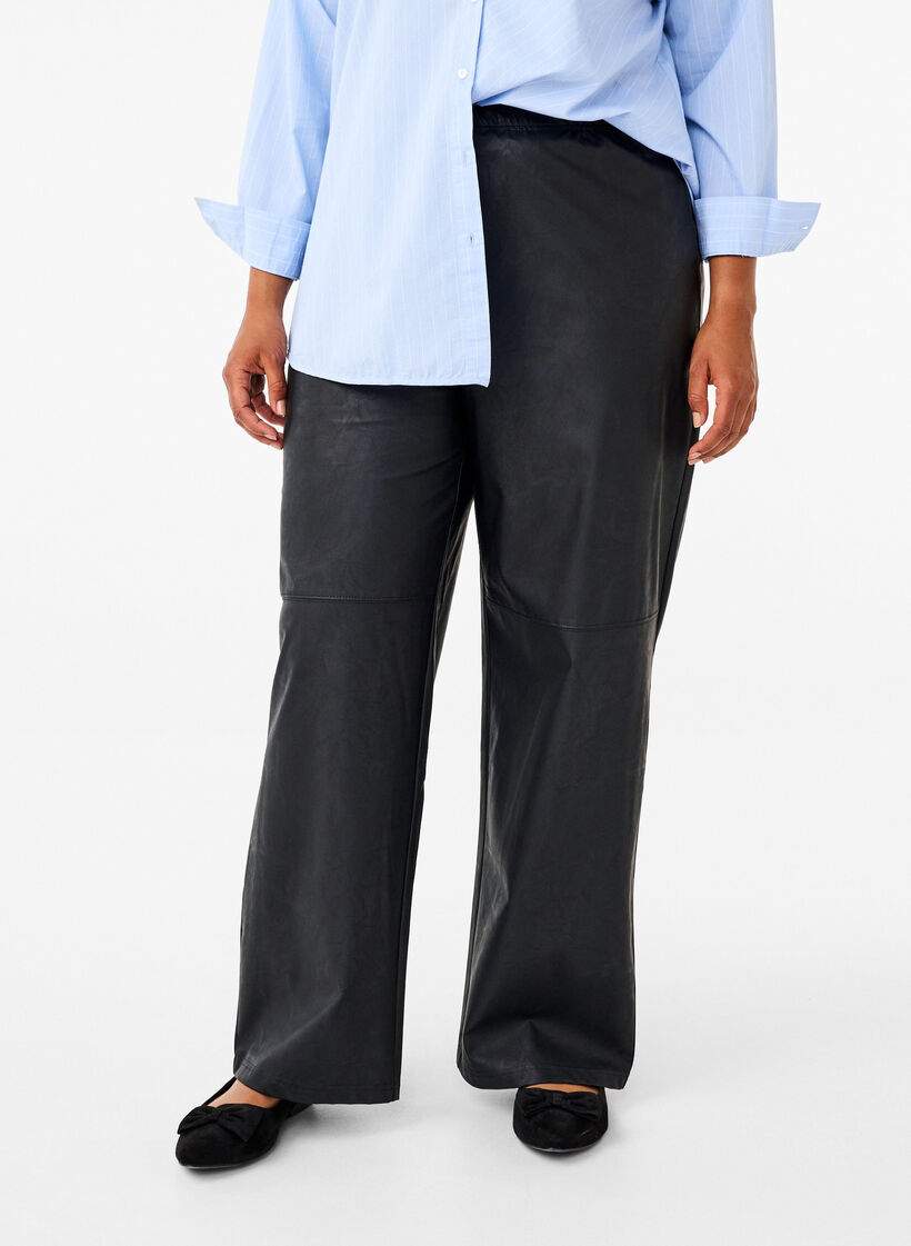Losse imitatielederen broek met elastische tailleband, Black, Model image number 2