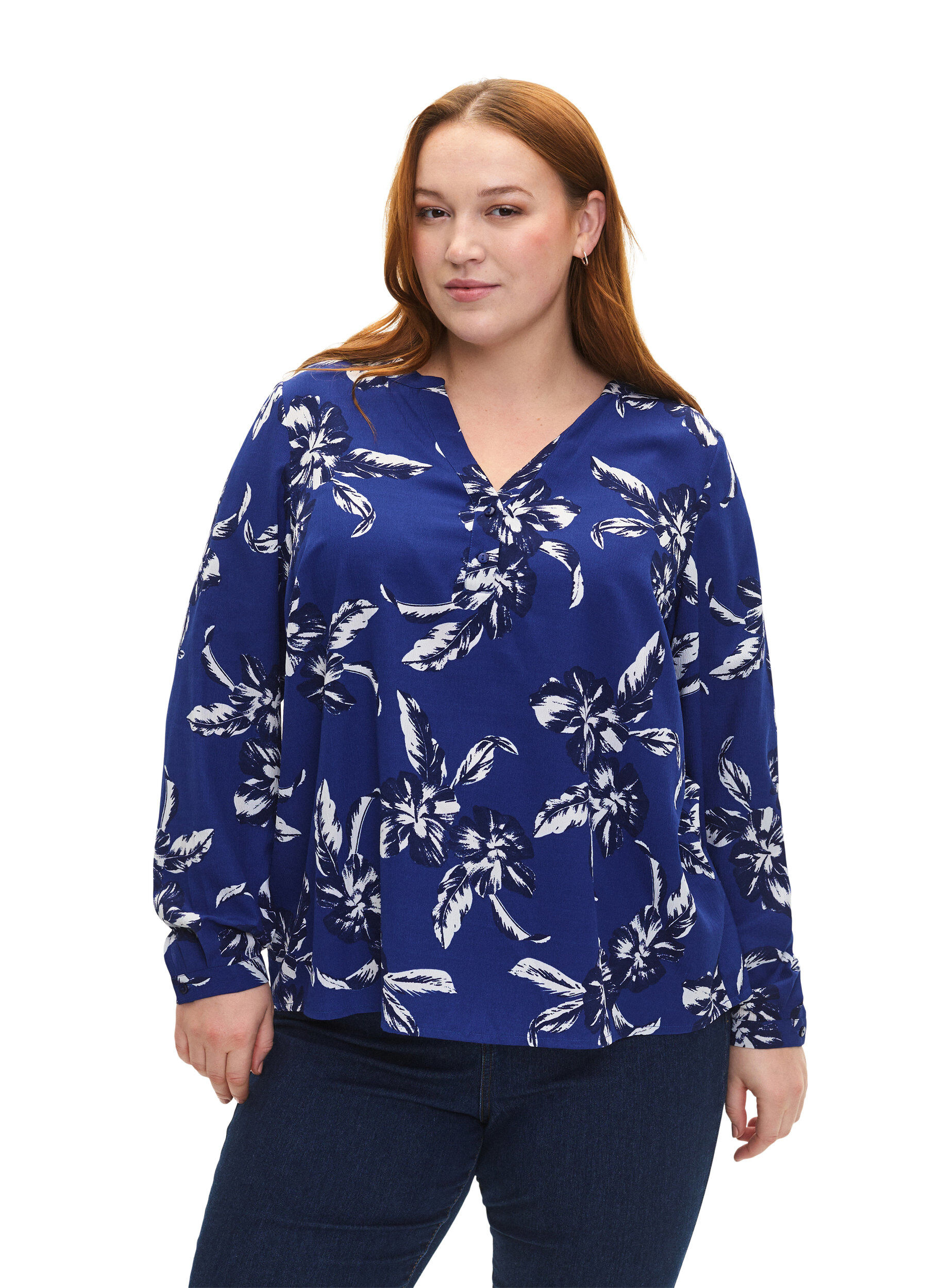 ZizziFLASH - Blouse met lange mouwen en print, Navy Blazer Flower, Model image number 0