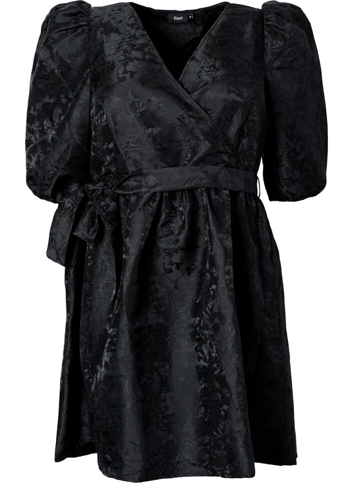 Robe portefeuille courte à manches 3/4, Black, Packshot image number 0