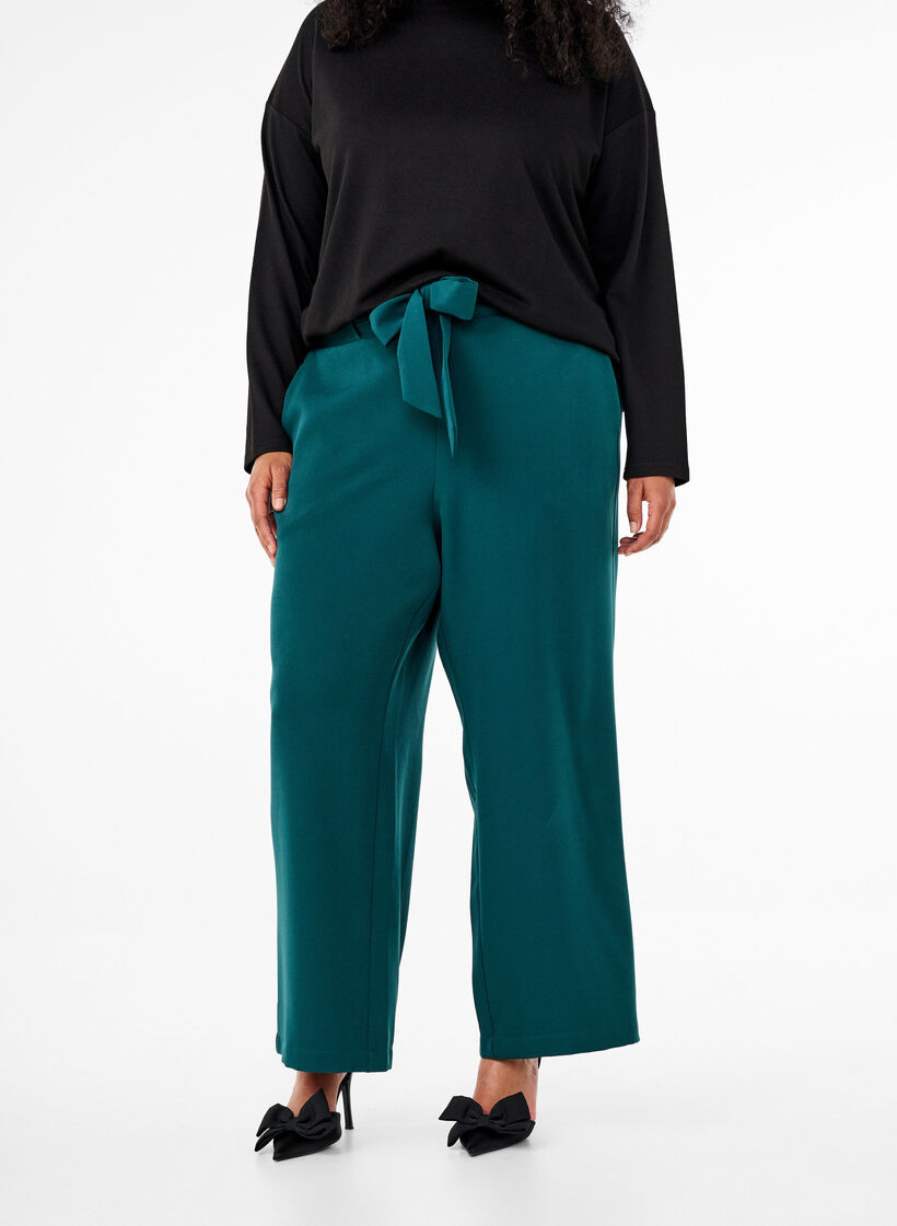 Luchtige broek met hoge taille en strikriem, Groen, Model image number 2