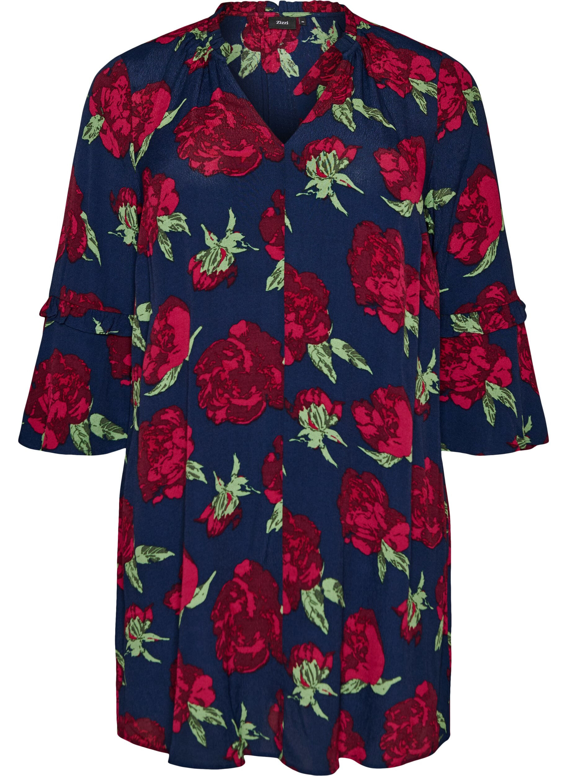 ZizziBloemenjurk in viscose met ruches, Blauw, Packshot image number 0