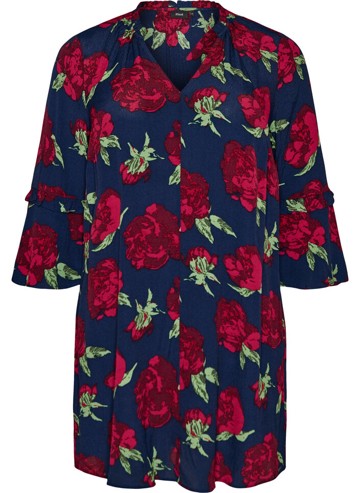 Bloemenjurk in viscose met ruches, Blauw, Packshot image number 0