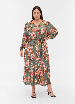 Gebloemde viscose midi-jurk met kraag, Flower AOP, Model image number 0