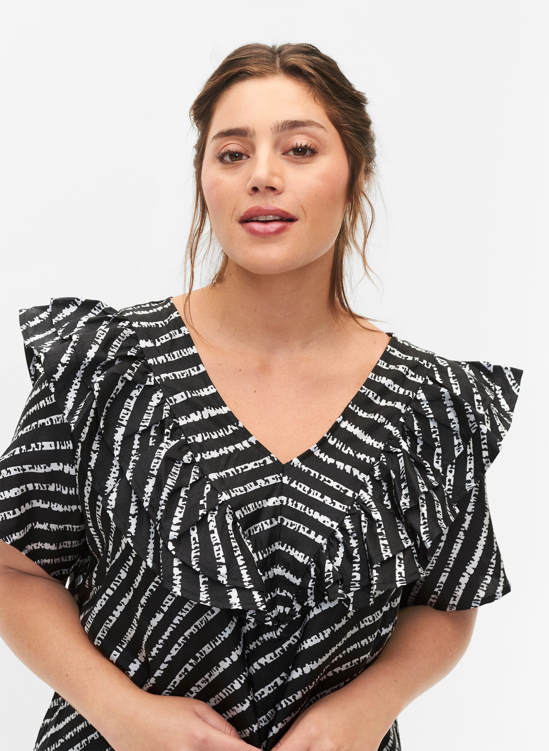 ZizziGestreepte tuniek met franjes, Black/White Stripes, Model image number 2
