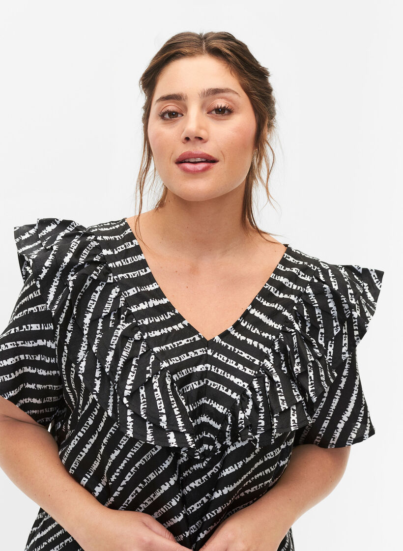 Gestreepte tuniek met franjes, Black/White Stripes, Model image number 2
