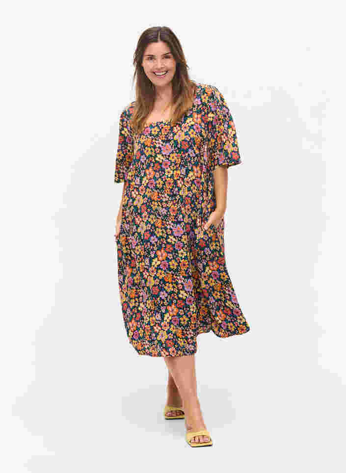 Gebloemde midi-jurk in viscose, Multi Flower AOP, Model image number 2