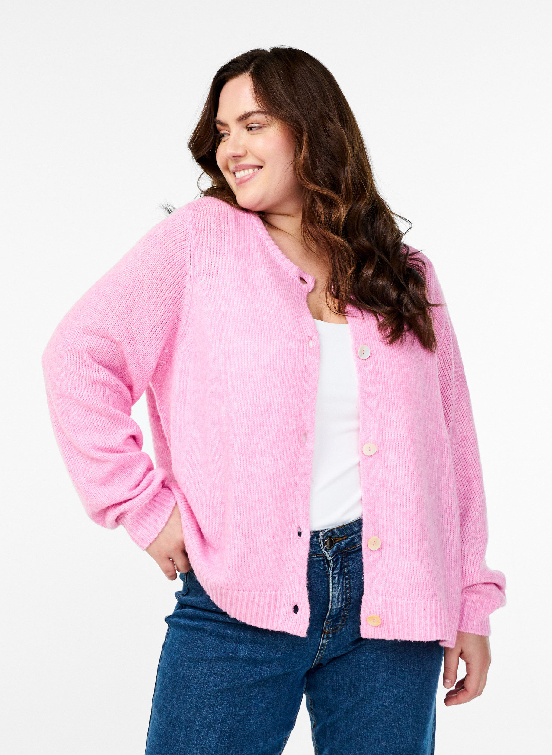 ZizziGebreide cardigan met wol en knoopsluiting, Begonia Pink Mel., Model image number 0
