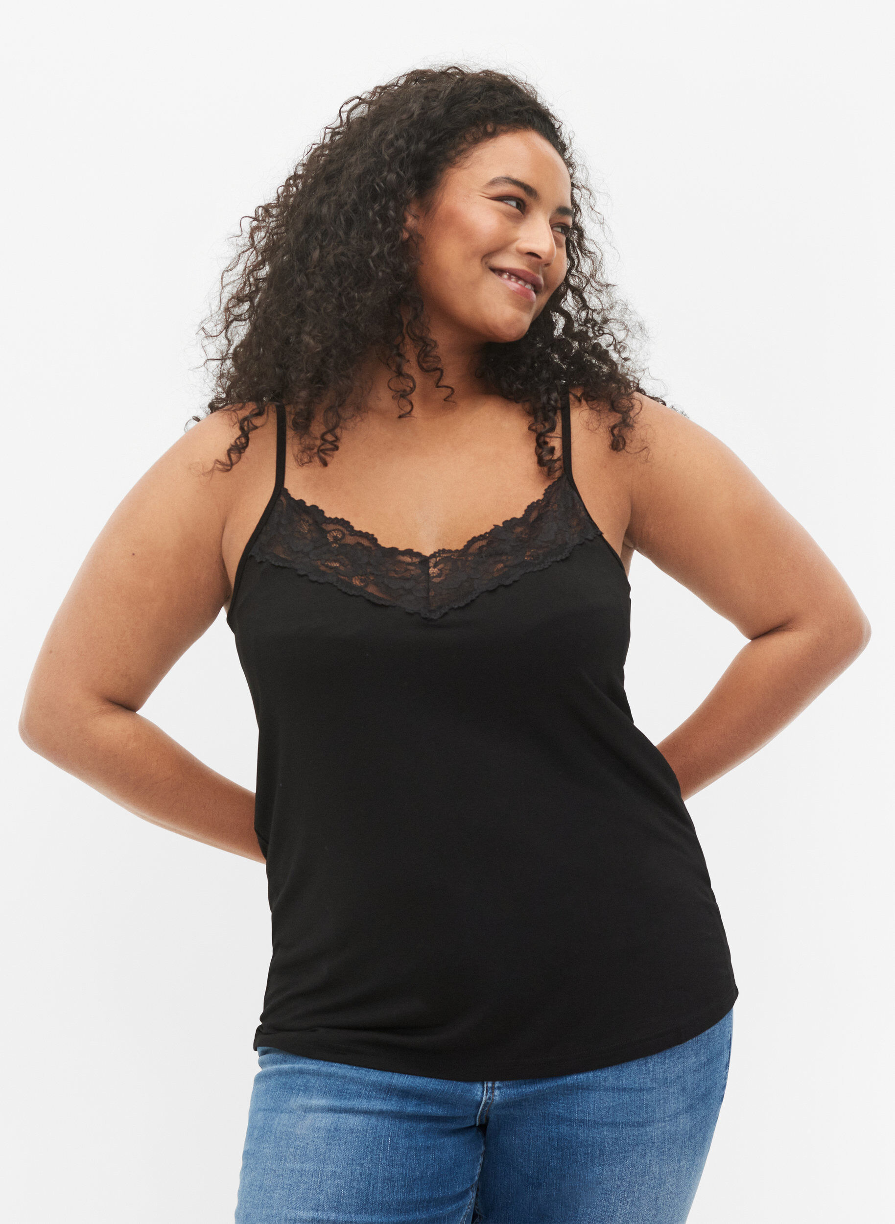 Zizzi2-pack viscose top met kant details, Zwart, Model image number 0