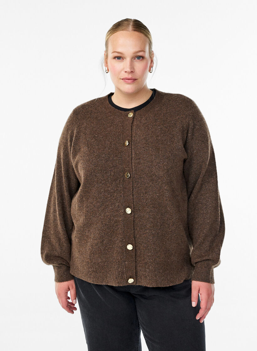Cardigan in zacht breisel met goudkleurige knopen, Bruin, Model image number 0