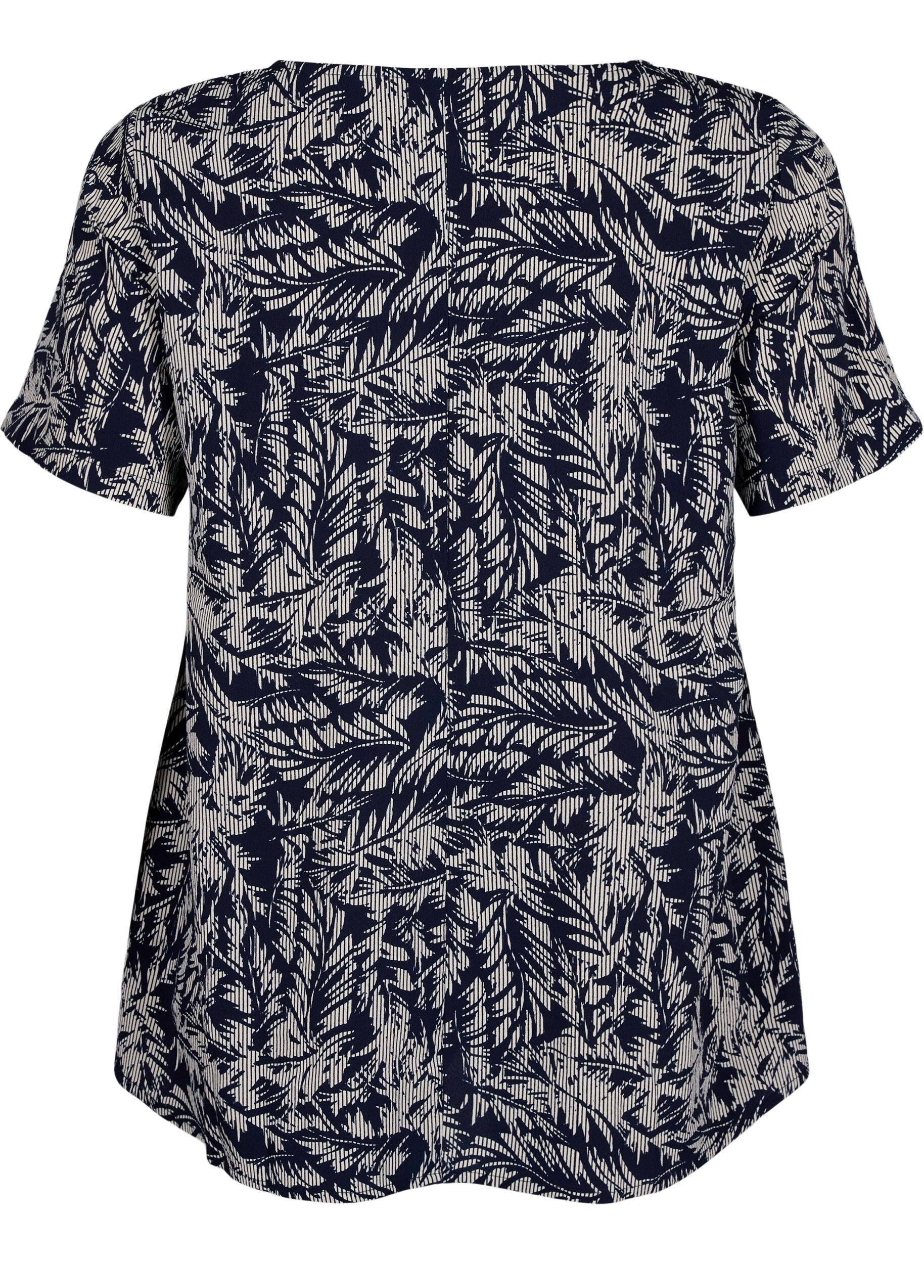 ZizziFLASH - Blouse met korte mouwen en print, Off White Blue Leaf, Packshot image number 1