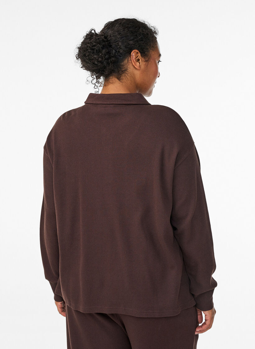 Polo en jersey côtelé à manches longues, Marron, Model image number 2