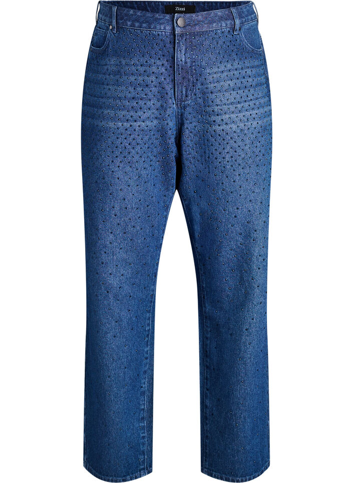 Jean taille haute à coupe droite avec strass, Bleu, Packshot image number 0