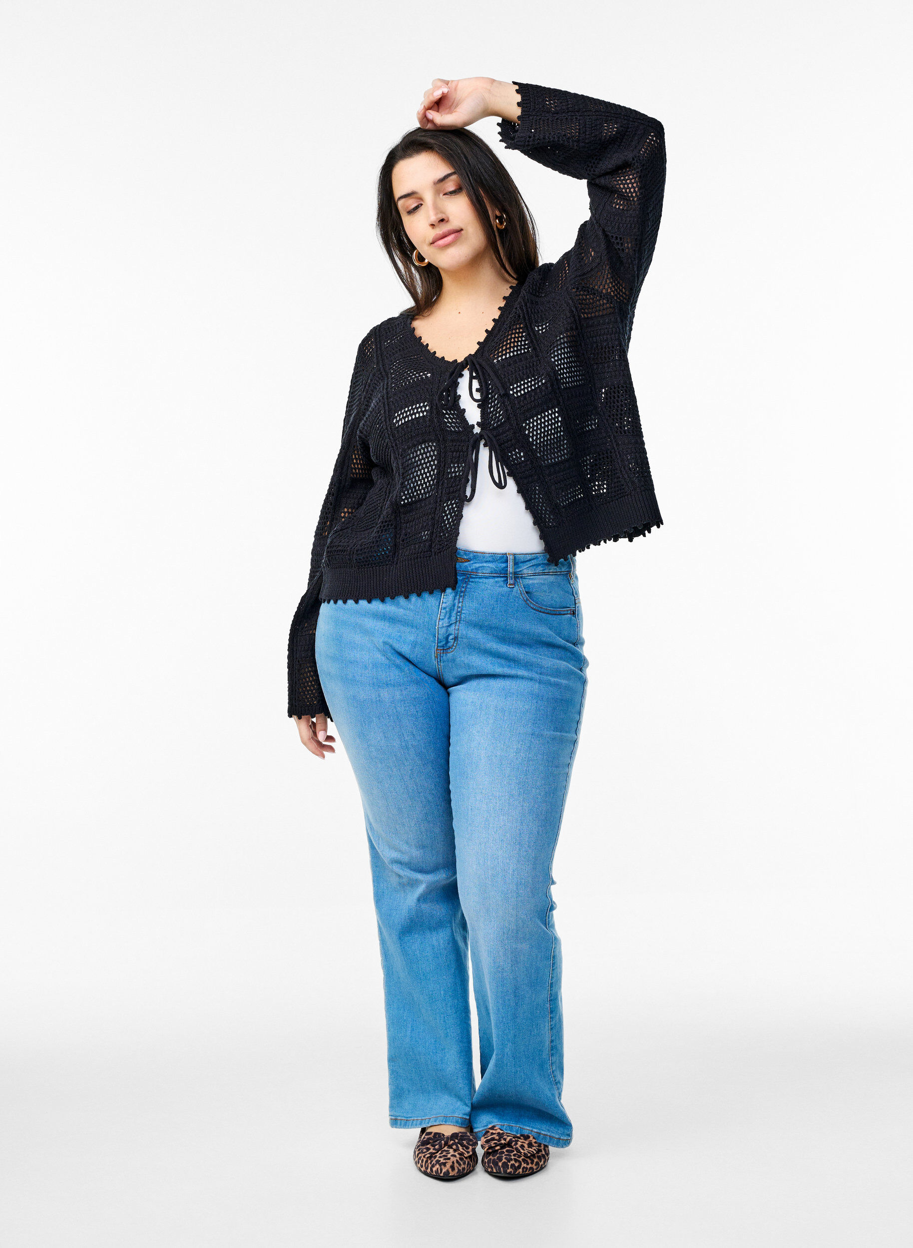 ZizziGebreide cardigan met strikjes en een opengewerkt patroon, Zwart, Model image number 1