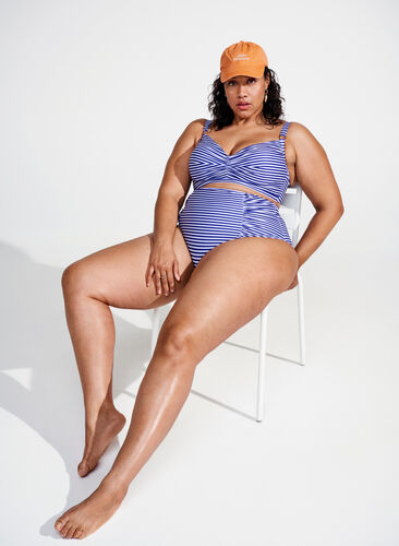 Bas de bikini à rayée avec taille haute, Blue Striped, Image image number 0