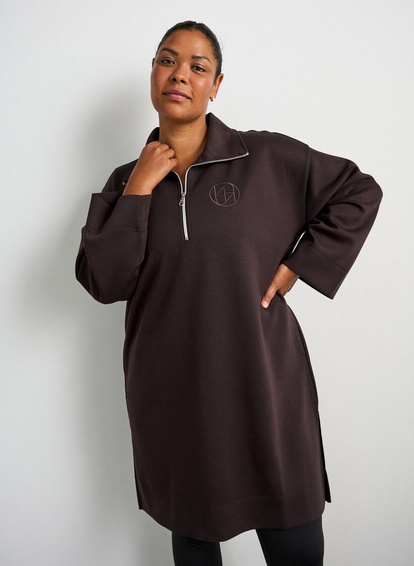 Robe-sweat sportive avec col montant et fermeture zipp&eacute;e, Marron, Model image number 0
