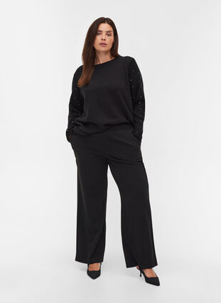 Blouse en tricot côtelée  avec des strass décoratives , Black, Model image number 3