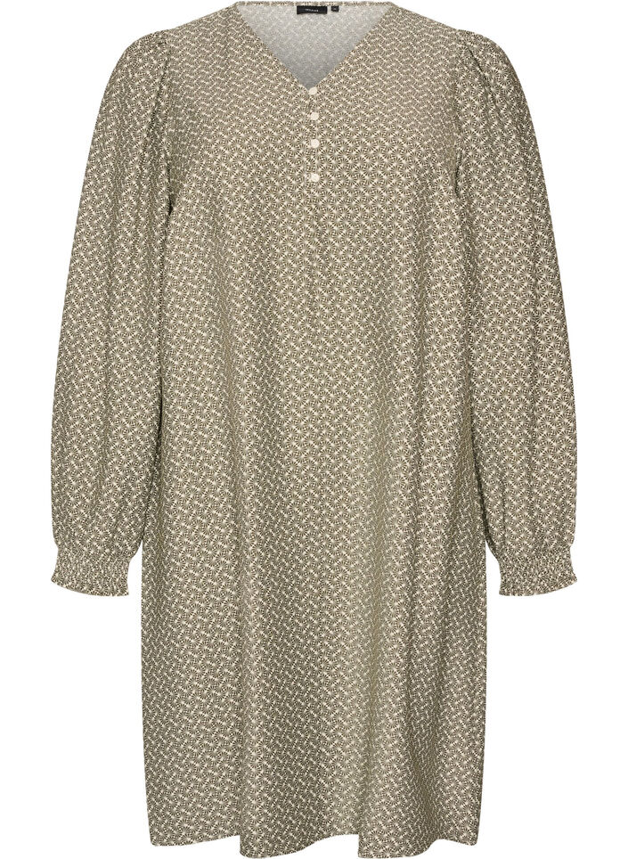 Jurk van viscose met patroon en lange mouwen, Groen, Packshot image number 0