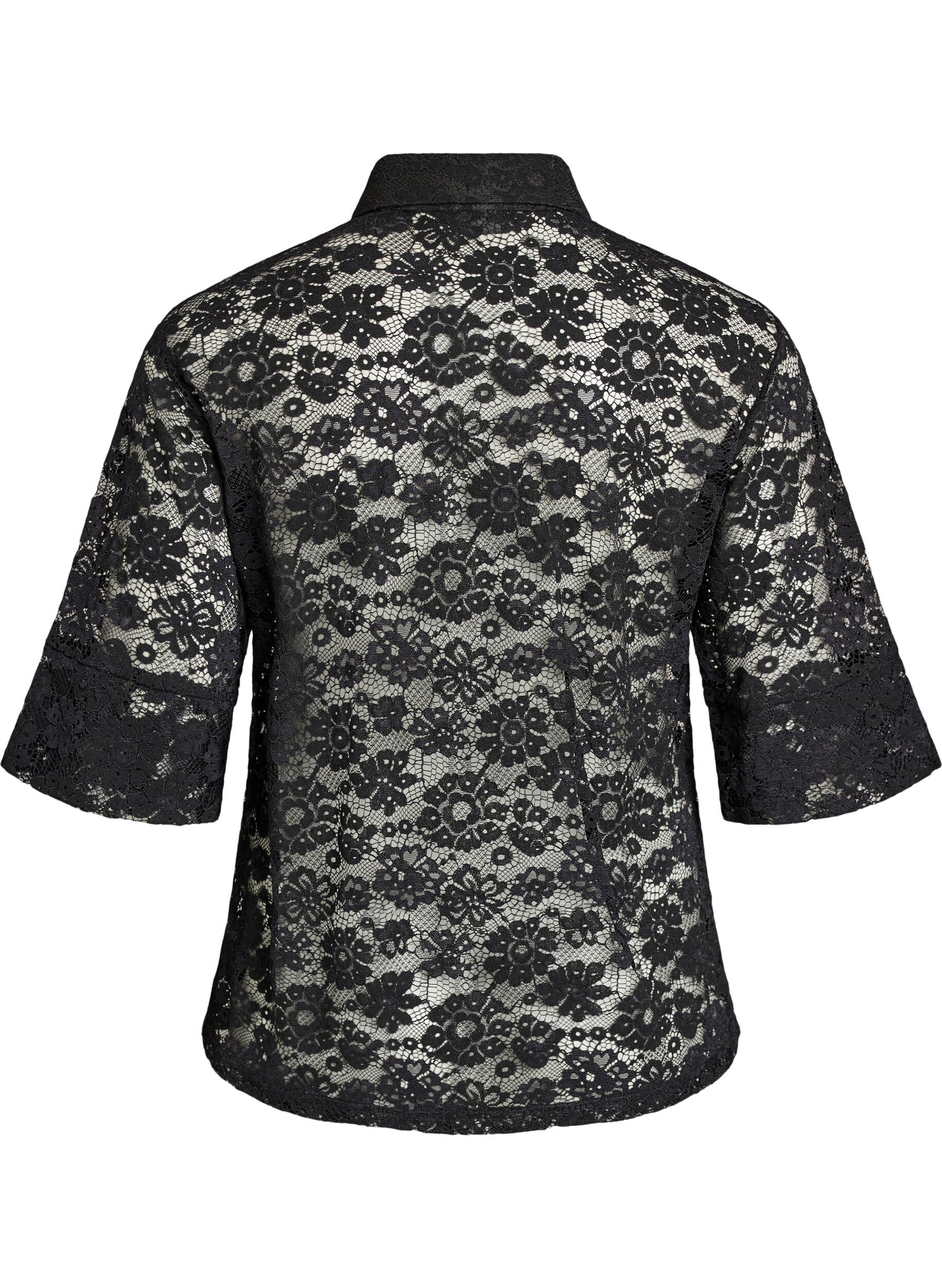 Zizzi Blouse en dentelle avec col et manches 1/2, Noir, Packshot image number 1