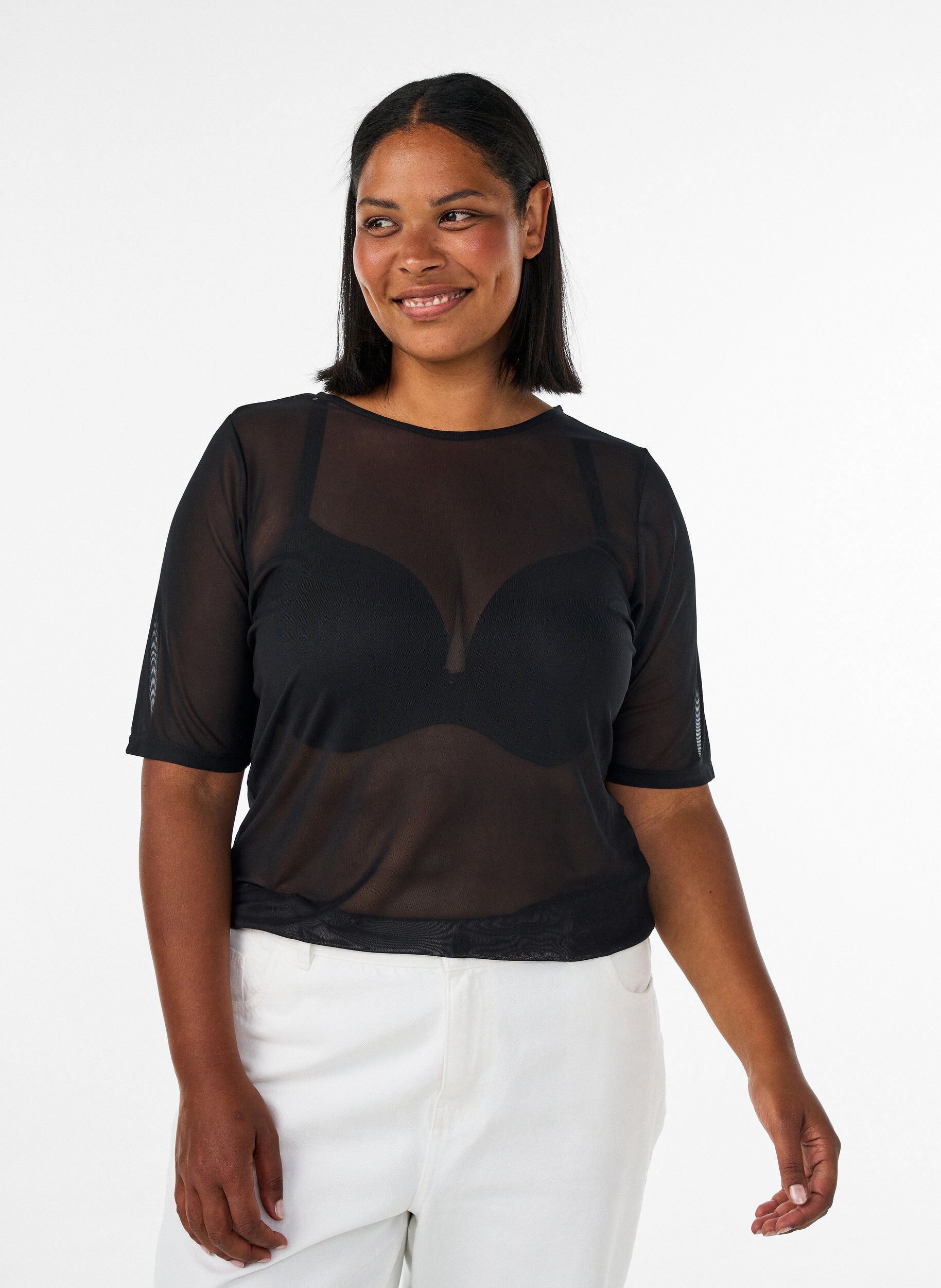 Mesh top met korte mouwen en ronde hals, Zwart, Model