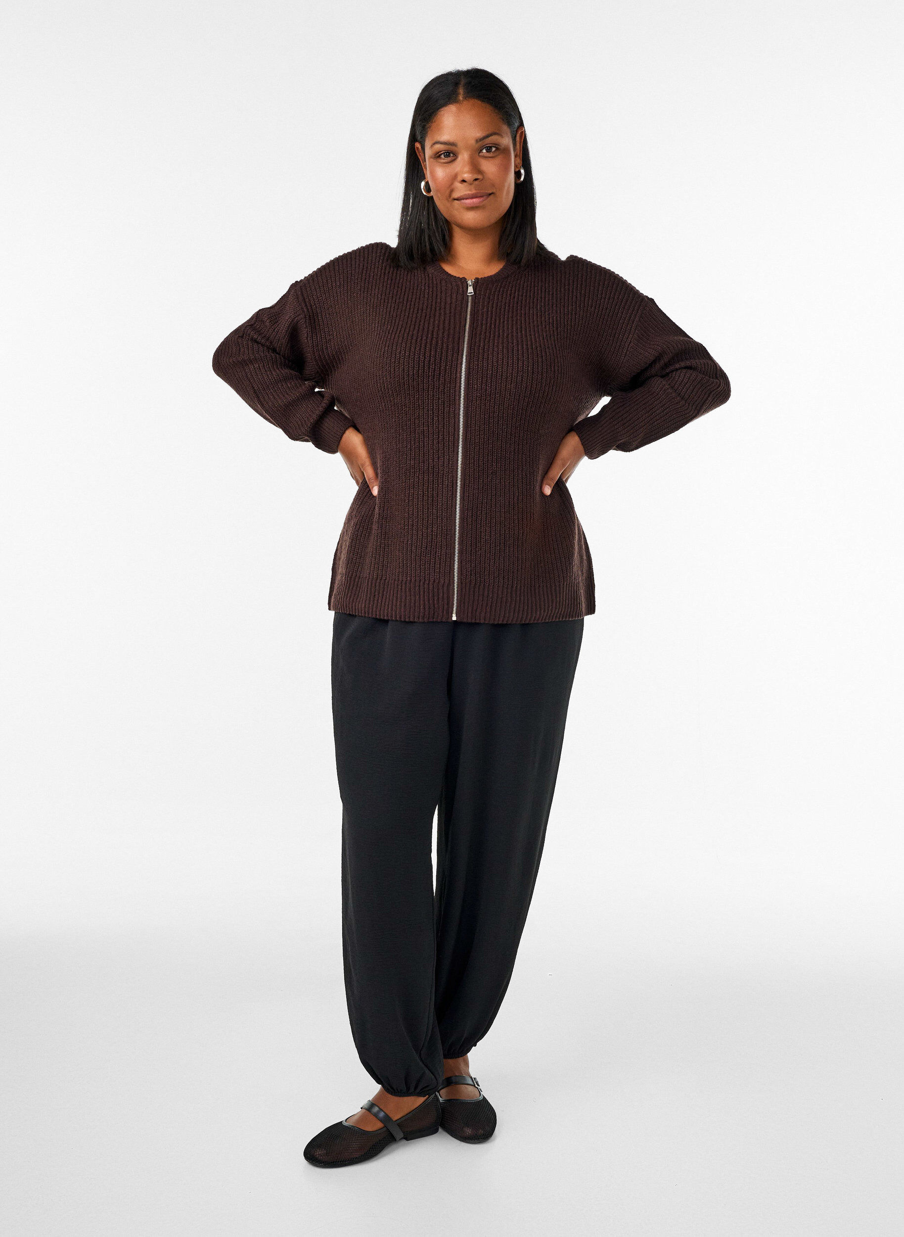 ZizziGebreid vest met rits, Bruin, Model image number 1