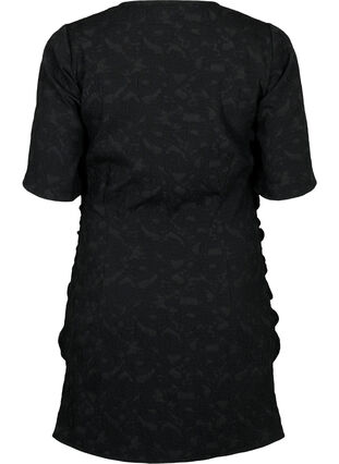 Jurk met korte mouwen, gestructureerde stof en draperieën, Black, Packshot image number 1