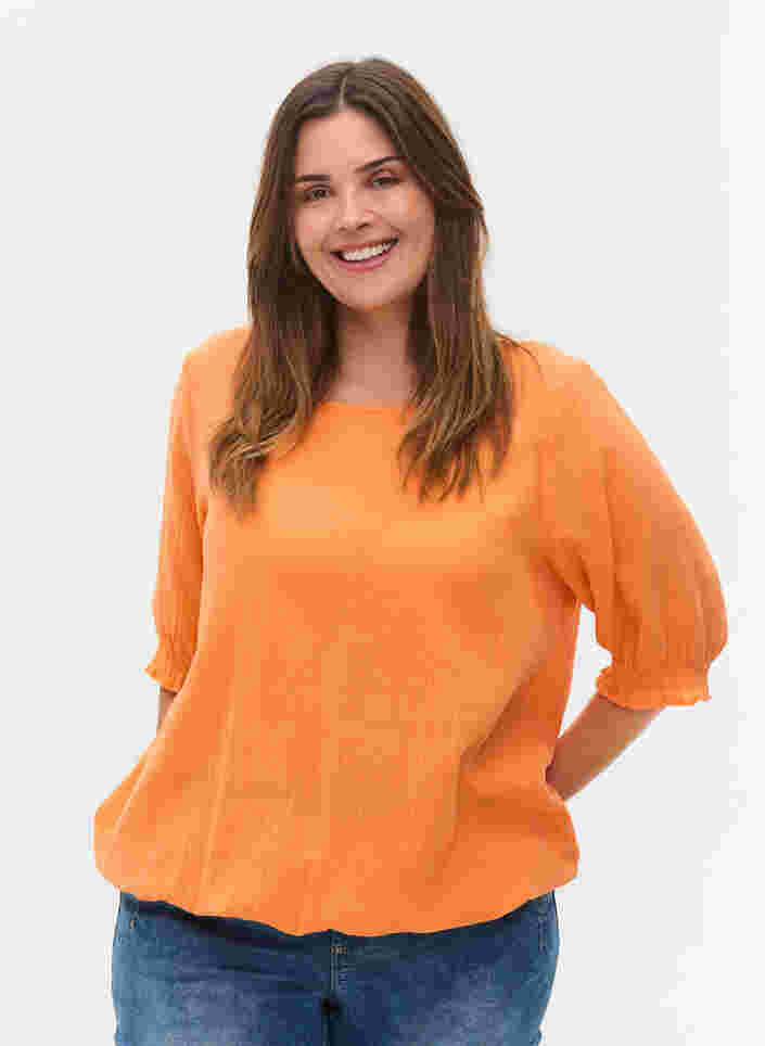 Katoenen blouse met smokwerk en korte mouwen, Nectarine, Model image number 0