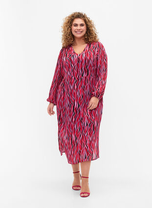 Robes midi à manches longues avec imprimé, Fuchsia Pink AOP, Model image number 2
