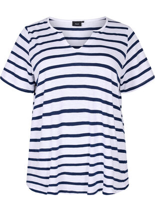 T-shirt en coton rayé avec col en V, Bright White Stripe, Packshot image number 0