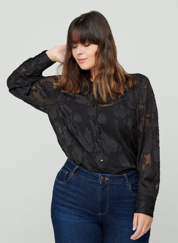 Transparante blouse met patroon, Black, Model image number 0
