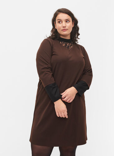 Effen jurk met v-hals en 3/4 mouwen, Coffee Bean, Model image number 0