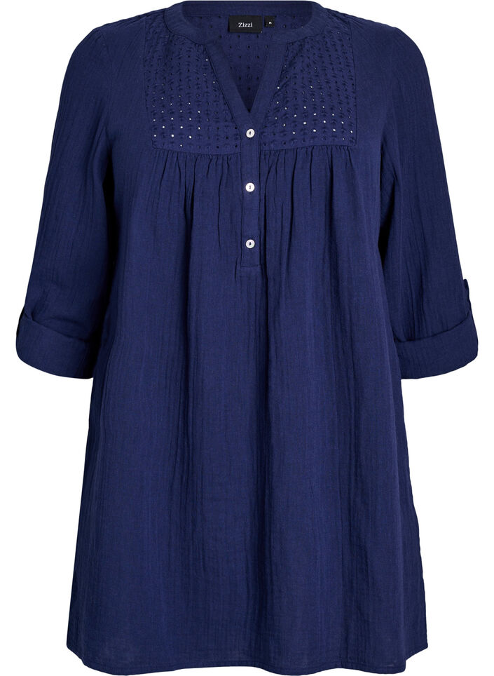 Tunique en mousseline de coton avec broderie anglaise, Bleu, Packshot image number 0