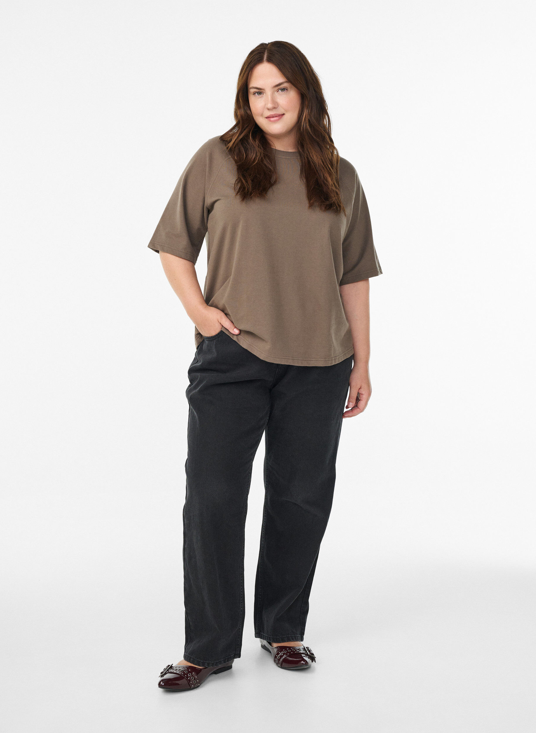 ZizziJersey blouse met raglanmouwen tot de elleboog, Bruin, Model image number 1